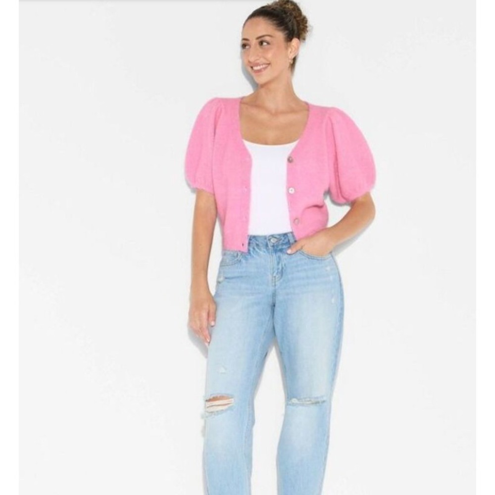 Wild Fable Pink Puff Short Sleeve Fuzzy Knit Cardigan Sweater V-Neck XXS NWT